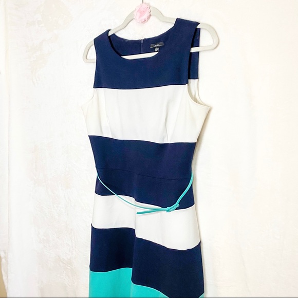 Sleeveless Striped Dress - Navy, White, and Teal - Picture 2 of 10